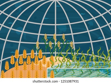 Closed ecological system. Concept of use. A self-sustainable bio station with different plants: wheat, rice, algae in extreme conditions of oceanic deep. View from inside of bio station