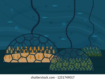 Closed ecological system. Concept of use. A self-sustainable bio station with different plants in extreme conditions of oceanic deep (underwater)