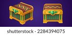 Closed Egyptian treasure chest set isolated on background. Vector cartoon illustration of ancient golden safe box decorated with wings sign, green gem stone, front angle view. Adventure game ui props