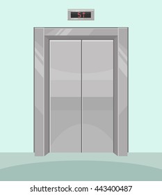 Closed elevator. Iron elevator with closed doors. Vector flat cartoon illustration
