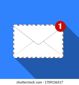 Closed Email. red letter counter.
vector illustration icon.
Flat design. Blue background. Stylish envelope design. eps10