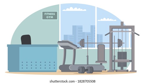 Closed Empty Fitness Gym Front View Background. Economy Fail Due To Covid Epidemic Vector Illustration. Empty Sport Center Inside Interior With Equipment, Treadmill, Dumbbells, Weights.