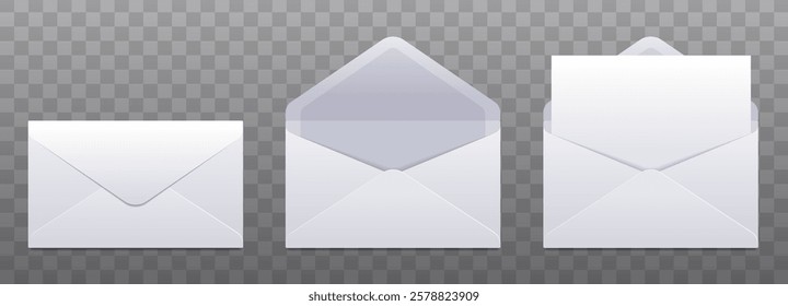 Closed, empty and open realistic white envelope set on transparent background. 3D vector letter template illustration