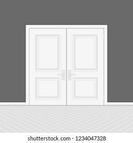 Closed entrance door with frame. Realistic style. White interior wooden doors on gray wall background. Vector illustration EPS 10.