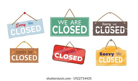 Closed entrance reminder placard, sorry message signage set. Forbidden entry on hanging signboard frame locked store or shop notification vector illustration isolated on white background