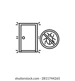 Closed entry door beside a crossed insect symbol representing doorway pest prevention, entry point sealing and home protection