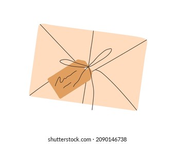 Closed envelope with craft carton label tied with string. Paper correspondence with letter. Abstract mail. Flat vector illustration isolated on white background