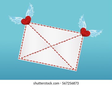 Closed envelope dragged hearts with wings. Valentine's Day. Greeting card. Vector illustration