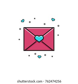 Closed envelope with heart stamp. Love letter flat color line icon on isolated background. Valentine's Day vector illustration - symbol for social media, dating applications.