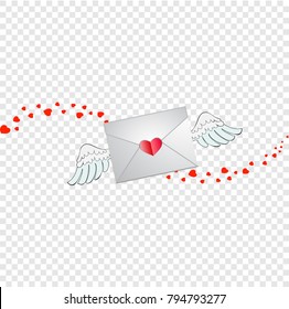 Closed envelope with heart stamp, white angel wings and hearts wave track isolated on transparent background. Flying love letter sign, Valentine's Day symbol for social media, dating apps and chats.