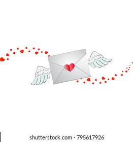 Closed envelope with heart stamp, white angel wings and hearts wave track isolated on white background. Flying love letter sign, Valentine's Day symbo, iconl for social media, dating apps and chats.