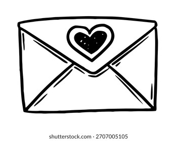 Closed envelope with heart vector illustration in doodle sketch style hand drawn outline in black and white. Cute romantic symbol for valentine card. Perfect for wedding design. Good for greeting.