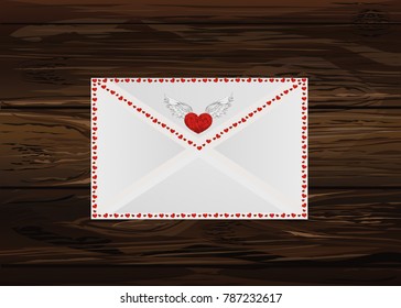 Closed envelope with hearts on the perimeter. Valentine's Day. Greeting card. Vector illustration on wooden background.