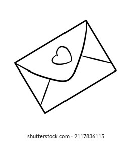 Sobre cerrado. Carta con corazón. Ilustración vectorial con contorno. Para tarjetas de felicitación, carteles, impresiones sobre ropa, emblemas, logotipos