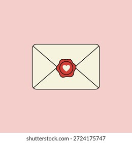 Closed envelope with red heart wax seal love letter vector illustration icon in flat cartoon style