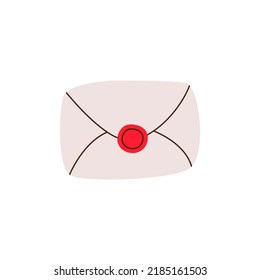 Closed envelope with round dark red wax seal stamp. Love letter from craft paper, stationery, sealing wax and handmade cards. Paper parchment. Post and mail service.