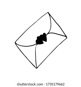 A closed envelope with a stamp in the form of two hearts. A letter, an envelope with love. Black lines on a white background. Doodle hand drawing. Vector illustration.