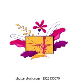 Closed envelope wrapped with decorative rope on bow knot, and surrounded with flowers and leaves - vector illustration in flat style with outlines, cute and funny image for romantic greeting cards
