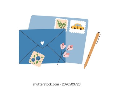 Closed envelopes with post stamps, pen and flower. Paper correspondence with handwritten letters. Abstract mail composition. Colored flat vector illustration isolated on white background