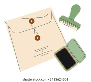 Geschlossene Umschläge mit Briefmarken, Stift und Blume. Briefwechsel mit Handschrift. Abstrakte Mail-Komposition. farbige flache Vektorgrafik einzeln auf weißem Hintergrund