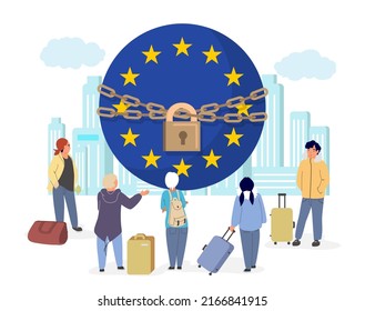 Closed EU borders vector. People with luggage bag standing front of metal chain with padlock over cityscape background