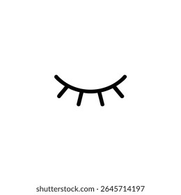 A closed eye depicted by a downward-curving eyelid arc and short eyelashes, using black 1.5px monoline strokes. Flat 2D vector design.