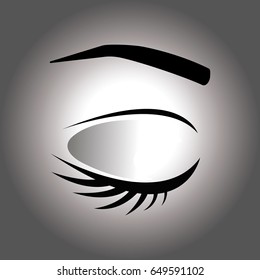 Closed eye with eyelash and eyebrow on a gray background