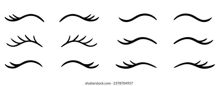 Closed eye with eyelashes cute vector icon set for cartoon character illustration. Sleep girl or unicorn long eyelash line simple face part graphic makeup mascara symbol. 