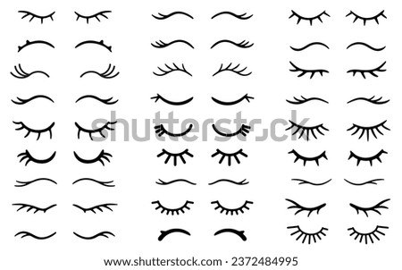 Closed eye with eyelashes cute vector icon set for cartoon character illustration. Sleep girl or unicorn long eyelash line simple face part graphic makeup mascara symbol isolated on white background. 