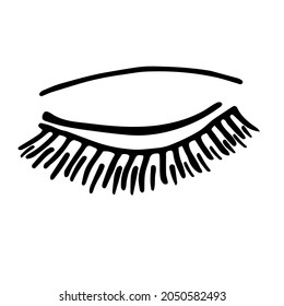 Ojo cerrado con pestañas. Dibujo vectorial hecho a mano sobre un fondo blanco, garabatos.