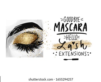 Closed eye with golden glitter eyeshadow and phrase about lash extensions. Fashion poster for beauty salon, lash makers, decorative cards, beauty blogs, logo. Stylish vector stock illustration.