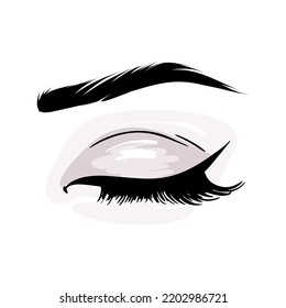 Closed Eye With Lash Extensions, Black False Long Mink Eyelashes. Eyebrow Art, Lashes Drawing  