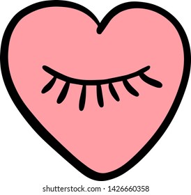 Closed eye with lashes in a pink heart inside hand drawn vector illustration in cartoon style minimalism
