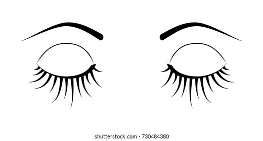 Closed eye with long eyelashes isolated on white background. Stock vector illustration of logo for make-up service, beauty salon procedure, make up artist.