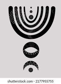 Closed eye, lunar cycle, rainbow, esoteric concept. Design elements with grunge texture. Monochrome composition. Vector illustration for wall decor, print, cover