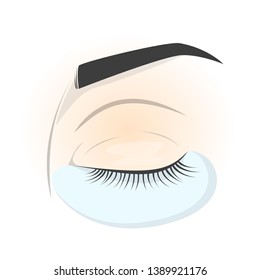 Closed eye with protective patch, prepration for applying fake lash. Eyelash extension guide. Isolated vector illustration in cartoon style