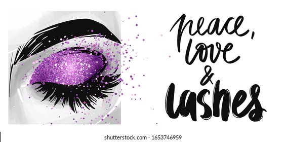 Closed eye with purple glitter eyeshadow. Fashion poster for beauty salon, makeup artist, decorative cards, beauty blogs, logo. Stylish vector stock illustration. Peace, love and lashes.