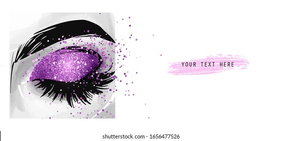 Closed eye with purple glitter eyeshadow. Fashion poster for beauty salon, makeup artist, decorative cards, beauty blogs, logo. Stylish vector stock illustration. Place for text.