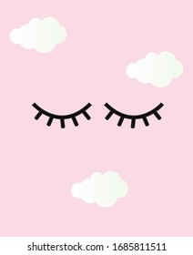 closed eyes and eyelashes on a pink background.
white clouds in a pink sky vector illustration.