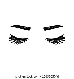 Ojos cerrados con pestañas. Las mujeres ven una simple ilustración. blanco negro . pestañas, cejas, bocetos, negro y blanco