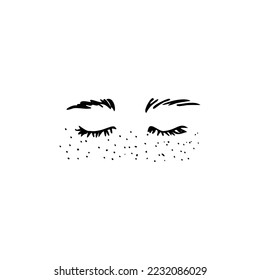 closed eyes with freckles in doodle style - hand drawn vector drawing