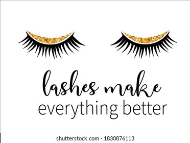 Closed eyes lashes with decorative lettering hand drawn Long black illustration. Beautiful Eyelashes isolated on white. For beauty salon, lash extensions maker. Golden glitter