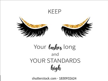 Closed eyes lashes with decorative lettering hand drawn Long black illustration. Beautiful Eyelashes isolated on white. For beauty salon, lash extensions maker. Golden glitter