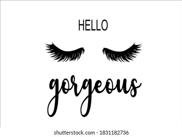 Closed eyes lashes with decorative lettering hand drawn Long black illustration. Beautiful Eyelashes isolated on white. For beauty salon, lash extensions maker. Golden glitter