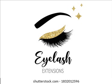 Closed eyes lashes with decorative lettering hand drawn Long black illustration. Beautiful Eyelashes isolated on white. For beauty salon, lash extensions maker. Golden glitter