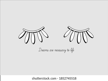 Closed eyes lashes with decorative lettering hand drawn Long black illustration. Beautiful Eyelashes isolated on white. For beauty salon, lash extensions maker. Golden glitter daisy chamomille