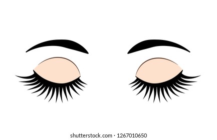Closed eyes with long eyelashes and eyebrows. Eye flat icon isolated on white. Vector illustration. Easy to edit template for beauty salons, makeup and brow artists, eyelash extension service, etc.
