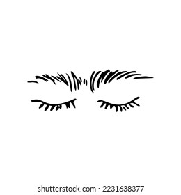 closed eyes with long eyelashes and thick unibrow in doodle style - hand drawn vector drawing