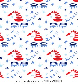 Closed eyes, red nightcap and stars. Seamless pattern. Hand drawn cartoon collection. Vector illustration.