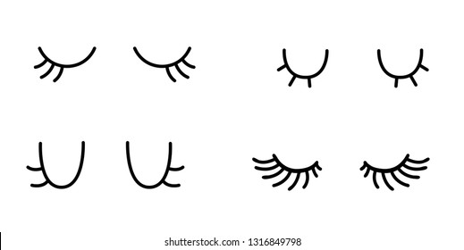 Closed eyes. Eyes in the style of cartoon, kawaii, doodle. Unicorn eyelashes. Vector illustration. 